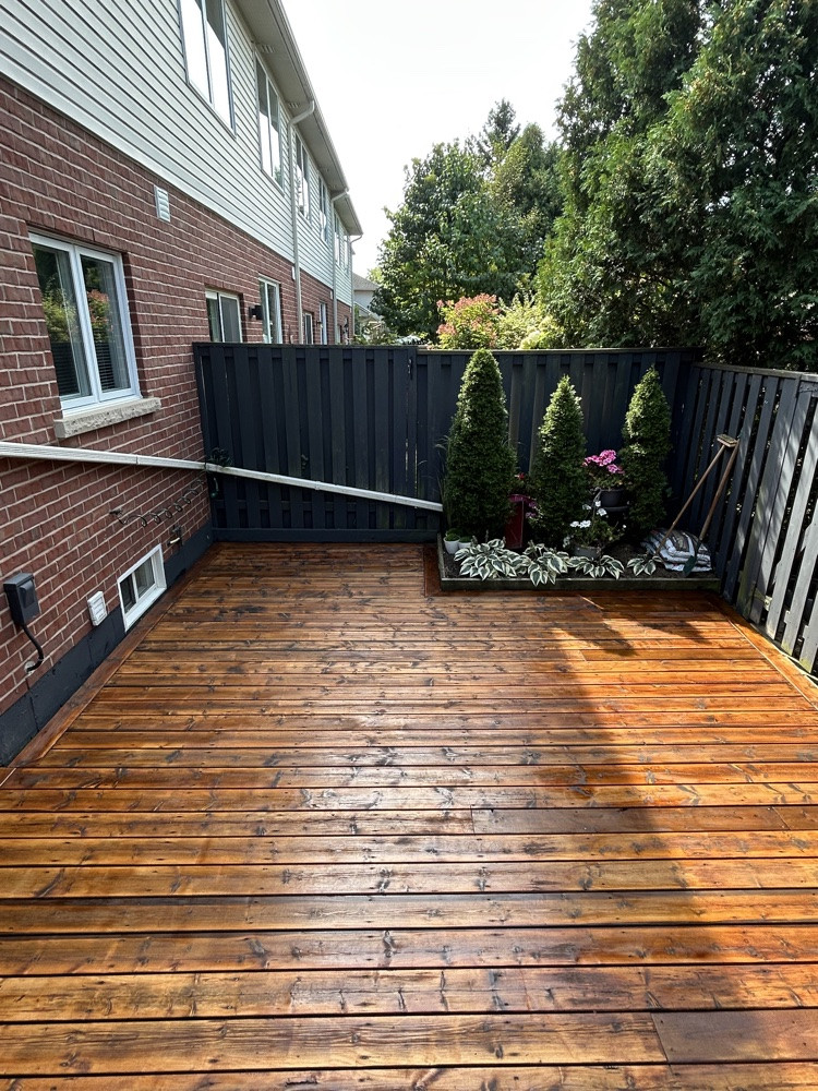 Wide view of a restored and oiled wood deck