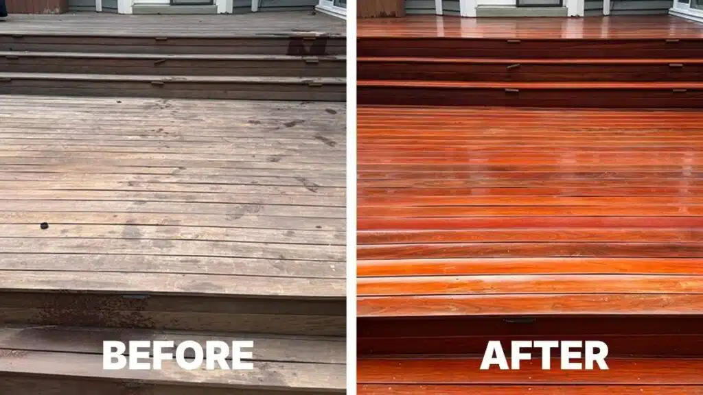 Cleaned outdoor wood surface beside a restored deck